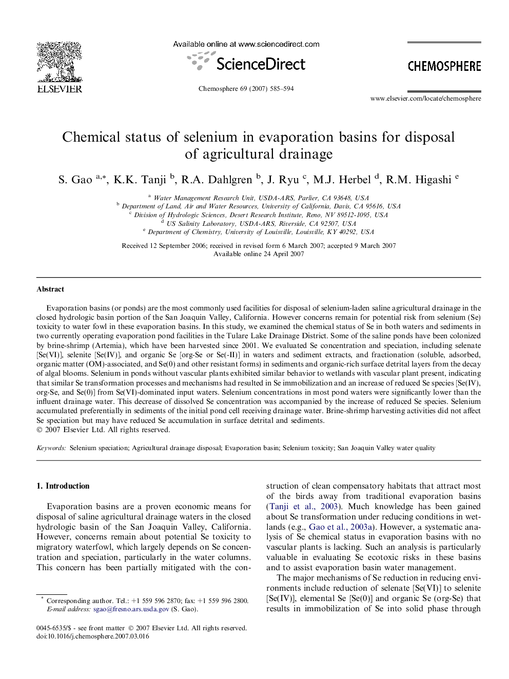 Chemical status of selenium in evaporation basins for disposal of agricultural drainage