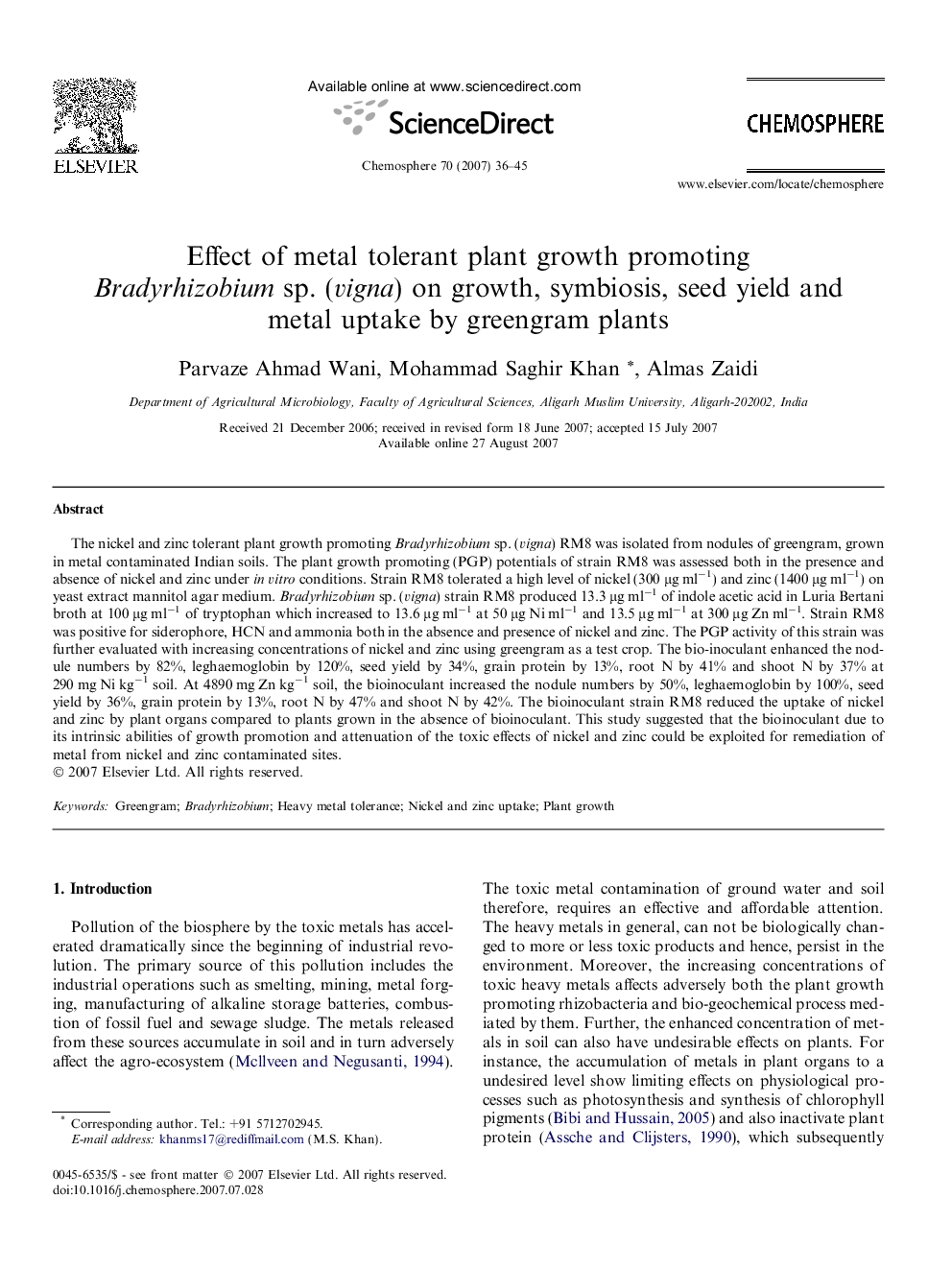 Effect of metal tolerant plant growth promoting Bradyrhizobium sp. (vigna) on growth, symbiosis, seed yield and metal uptake by greengram plants