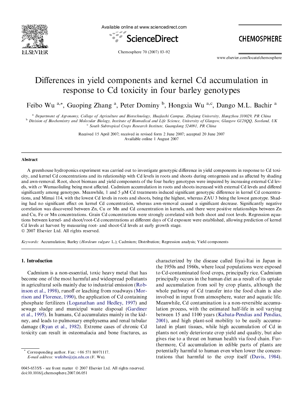 Differences in yield components and kernel Cd accumulation in response to Cd toxicity in four barley genotypes