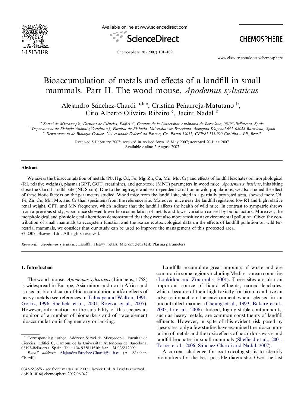 Bioaccumulation of metals and effects of a landfill in small mammals. Part II. The wood mouse, Apodemus sylvaticus