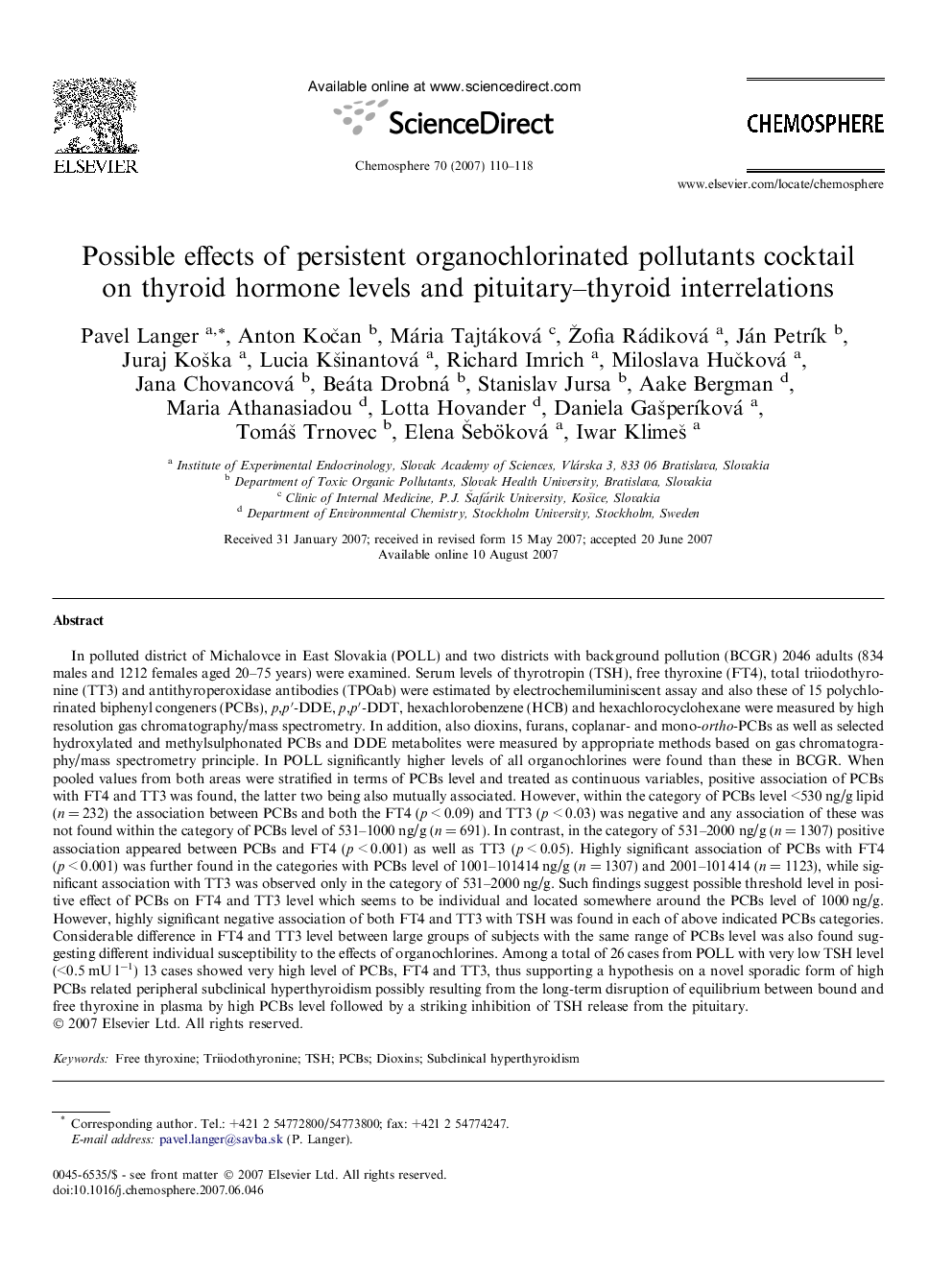 Possible effects of persistent organochlorinated pollutants cocktail on thyroid hormone levels and pituitary–thyroid interrelations