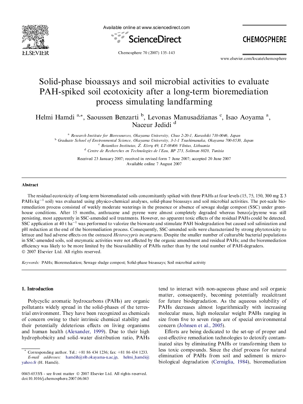 Solid-phase bioassays and soil microbial activities to evaluate PAH-spiked soil ecotoxicity after a long-term bioremediation process simulating landfarming