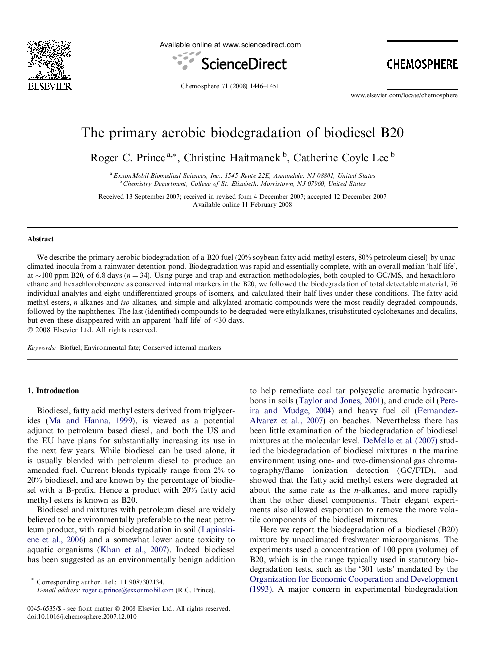 The primary aerobic biodegradation of biodiesel B20