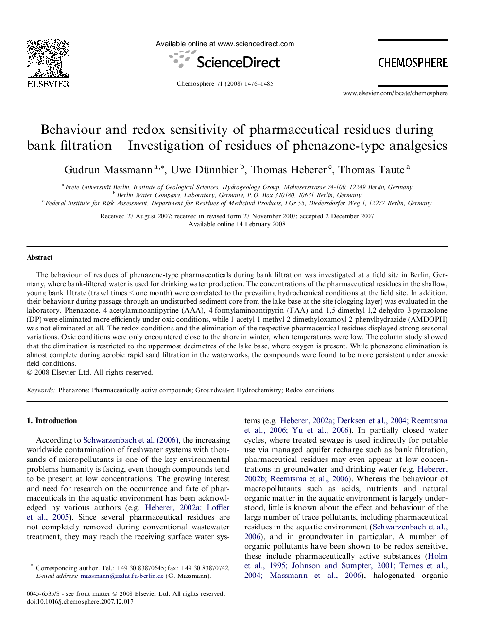 Behaviour and redox sensitivity of pharmaceutical residues during bank filtration – Investigation of residues of phenazone-type analgesics