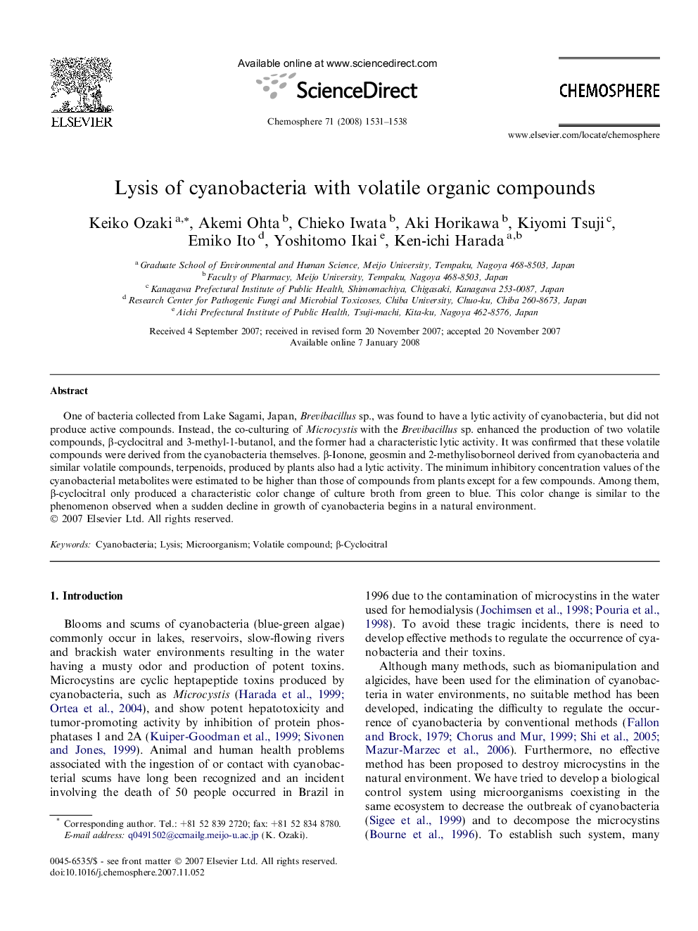 Lysis of cyanobacteria with volatile organic compounds