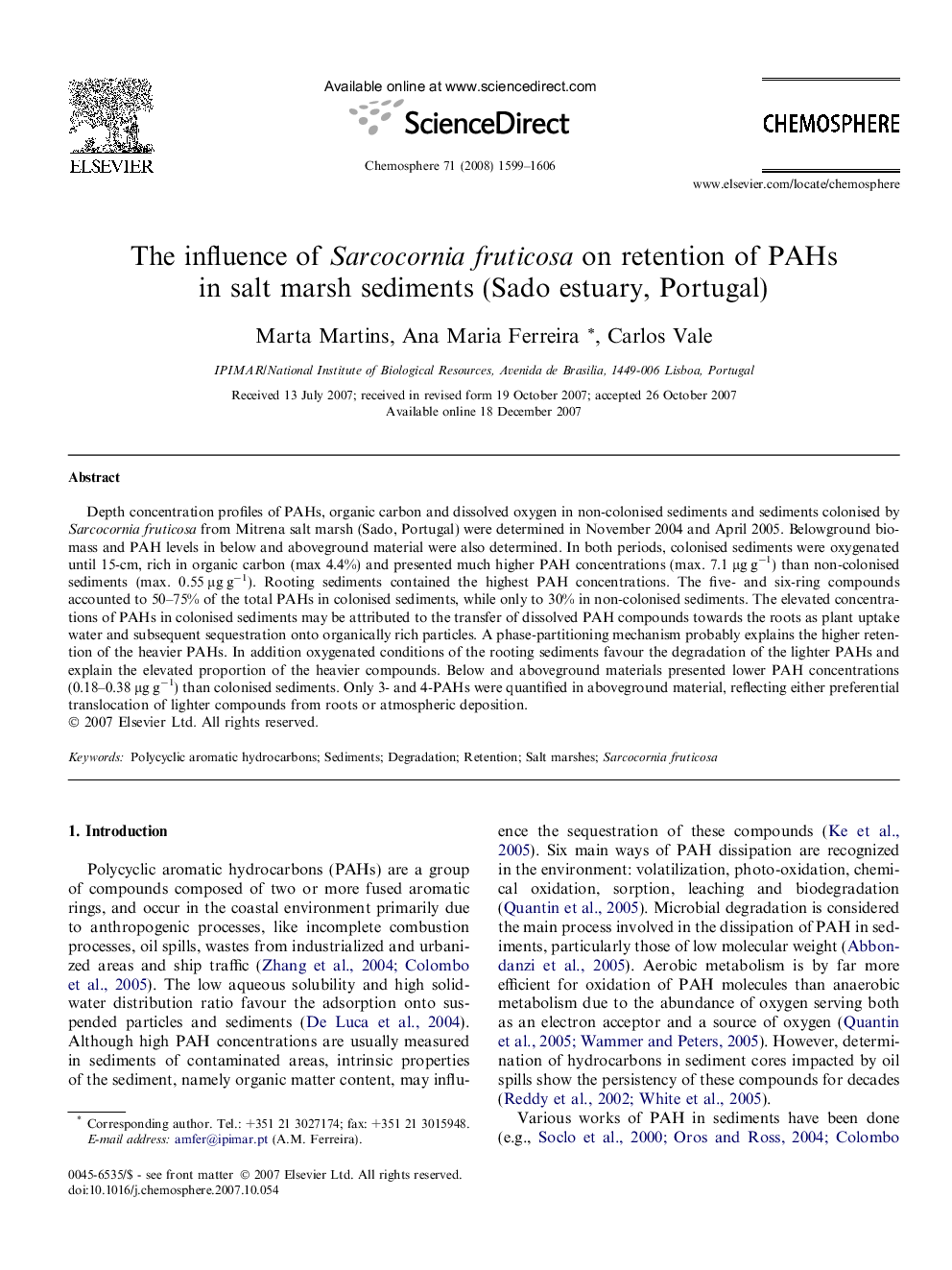 The influence of Sarcocornia fruticosa on retention of PAHs in salt marsh sediments (Sado estuary, Portugal)