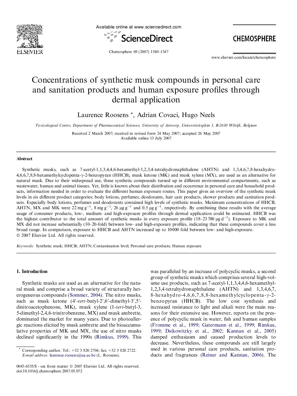 Concentrations of synthetic musk compounds in personal care and sanitation products and human exposure profiles through dermal application