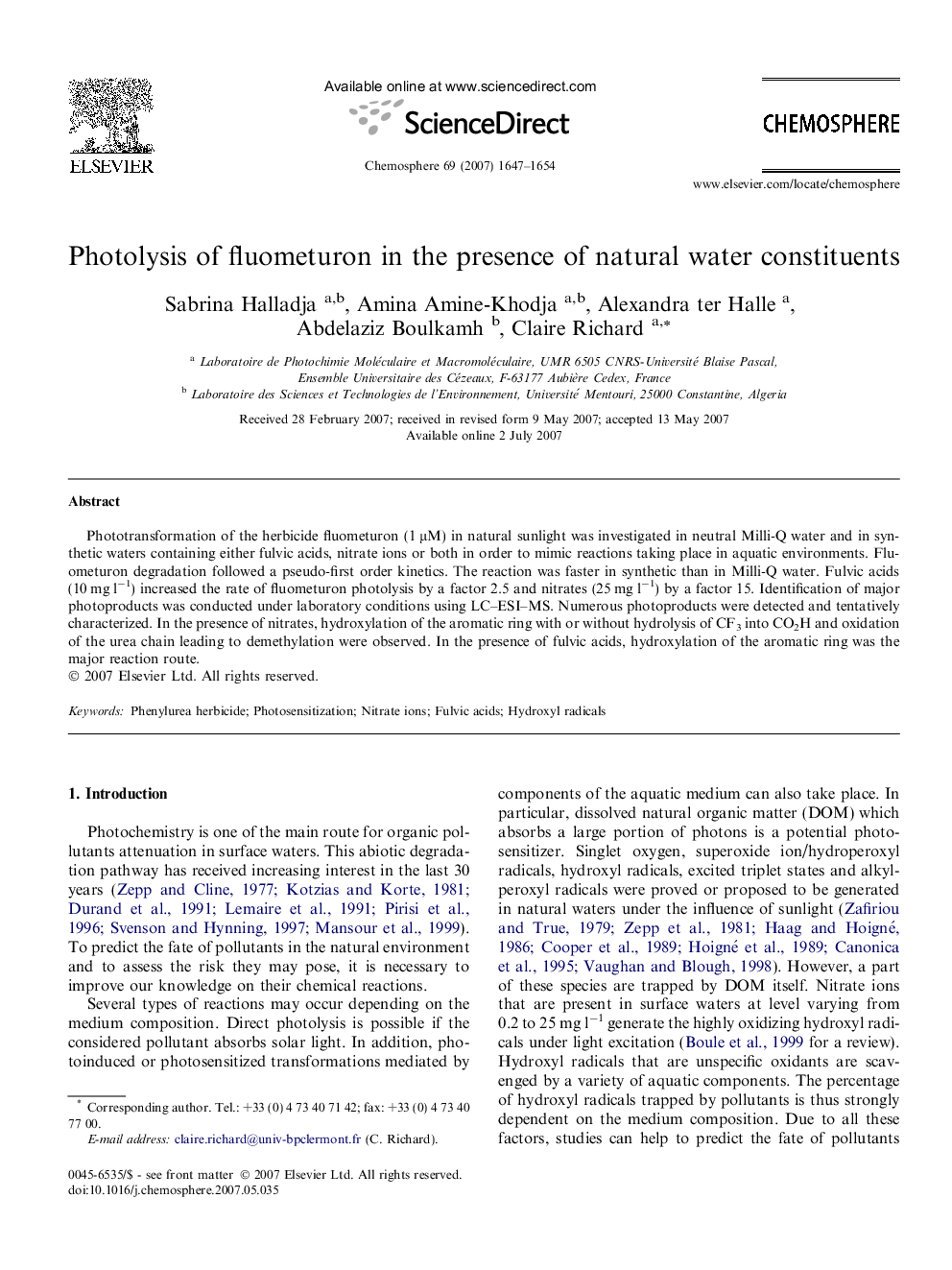 Photolysis of fluometuron in the presence of natural water constituents