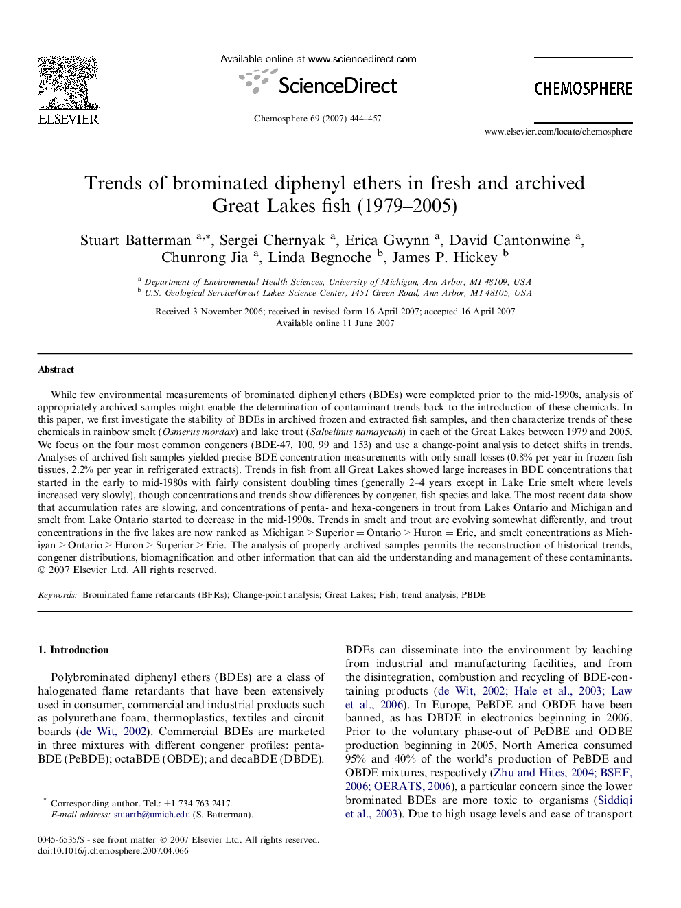 Trends of brominated diphenyl ethers in fresh and archived Great Lakes fish (1979-2005)