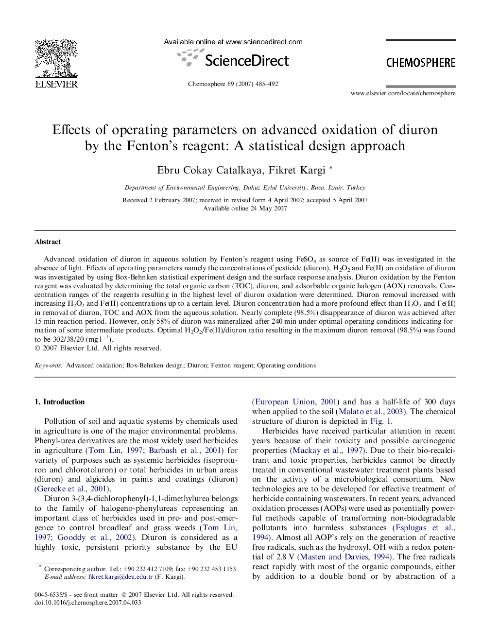 Effects of operating parameters on advanced oxidation of diuron by the Fenton’s reagent: A statistical design approach