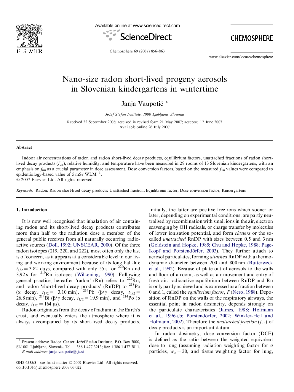 Nano-size radon short-lived progeny aerosols in Slovenian kindergartens in wintertime