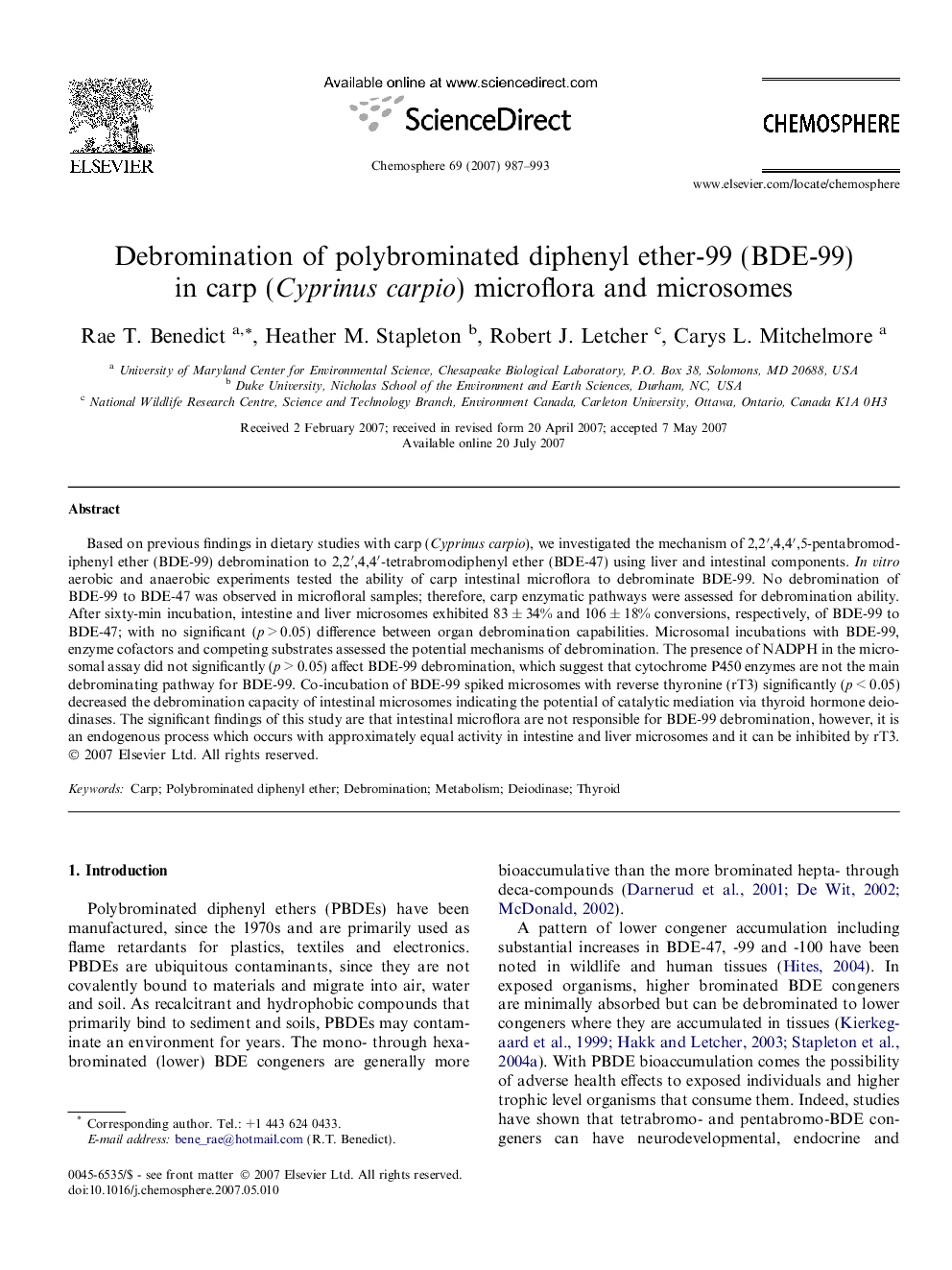 Debromination of polybrominated diphenyl ether-99 (BDE-99) in carp (Cyprinus carpio) microflora and microsomes