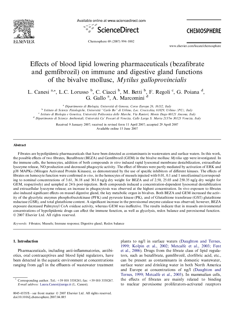 Effects of blood lipid lowering pharmaceuticals (bezafibrate and gemfibrozil) on immune and digestive gland functions of the bivalve mollusc, Mytilus galloprovincialis