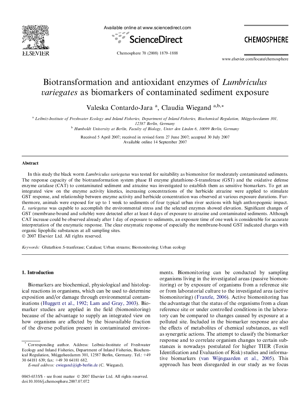 Biotransformation and antioxidant enzymes of Lumbriculus variegates as biomarkers of contaminated sediment exposure