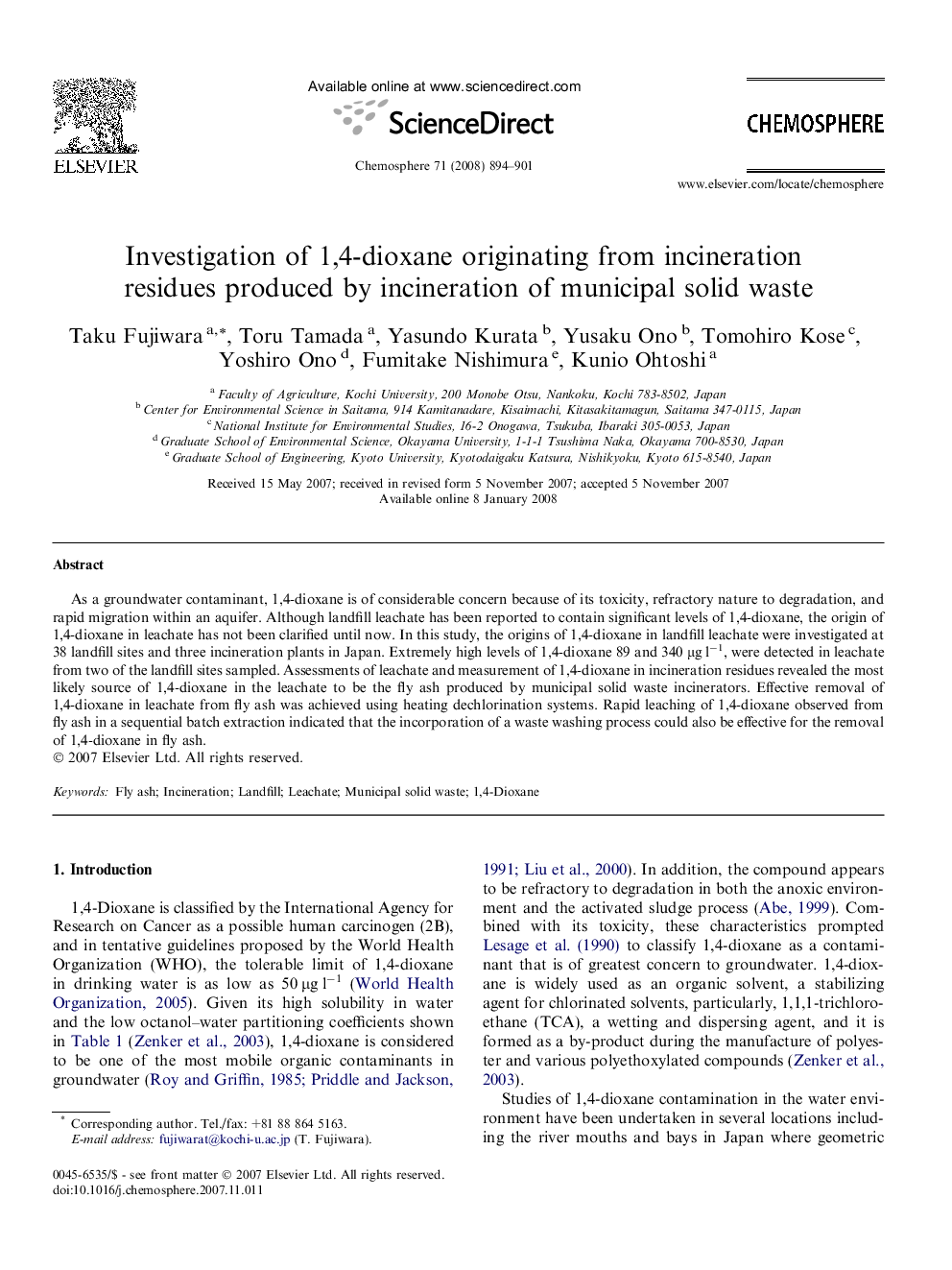 Investigation of 1,4-dioxane originating from incineration residues produced by incineration of municipal solid waste