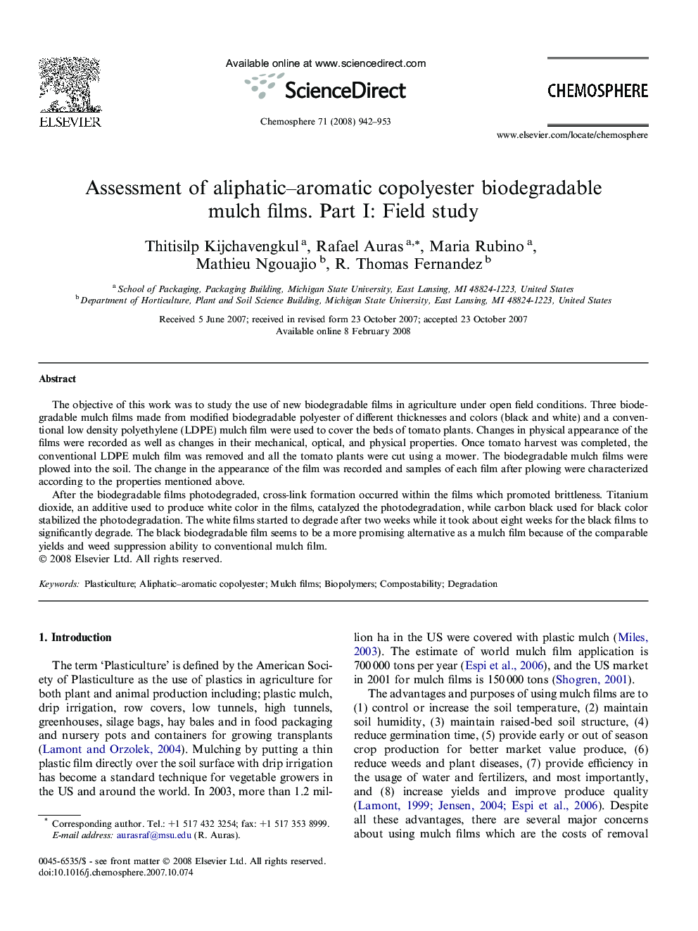 Assessment of aliphatic–aromatic copolyester biodegradable mulch films. Part I: Field study