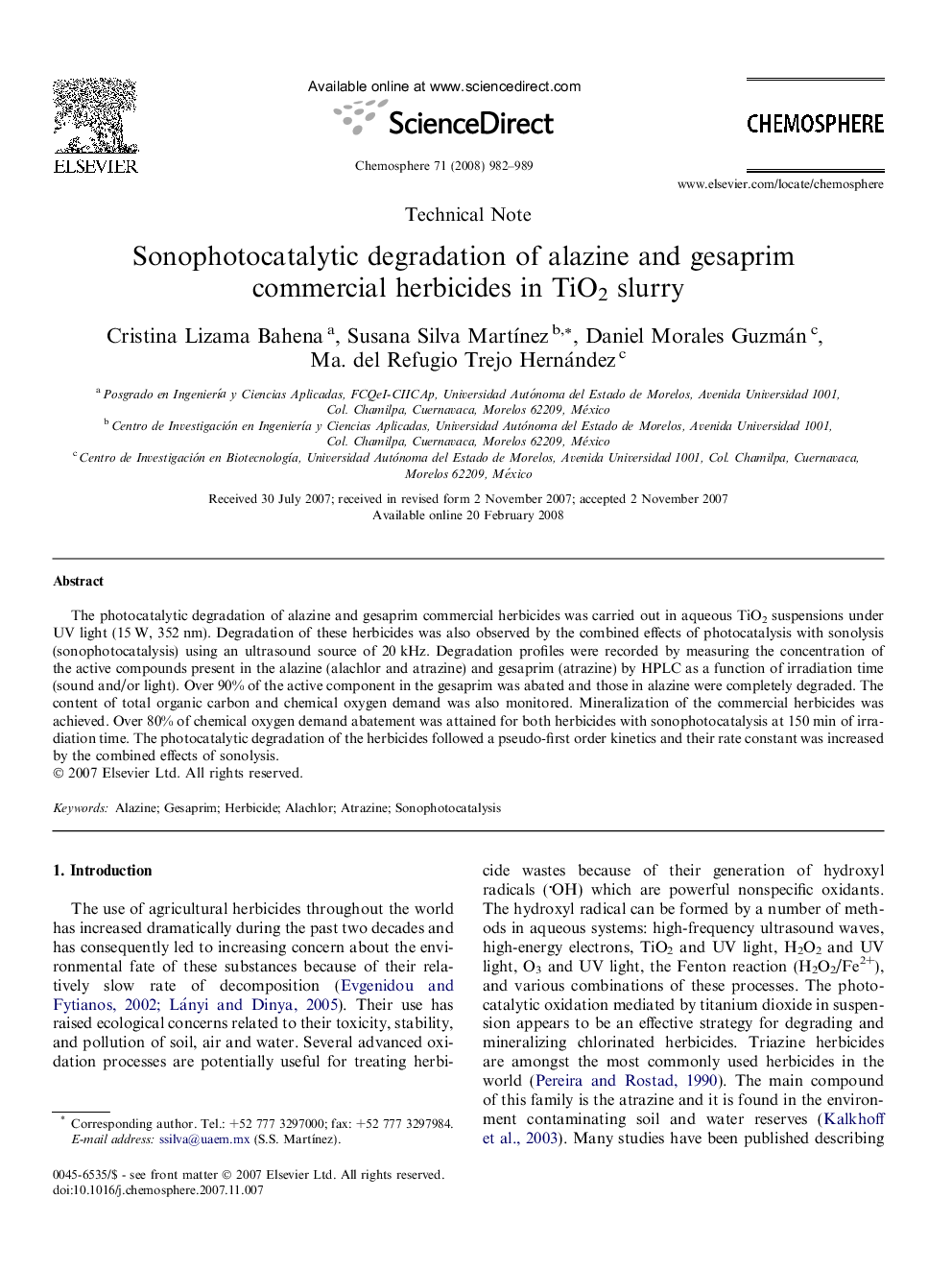Sonophotocatalytic degradation of alazine and gesaprim commercial herbicides in TiO2 slurry