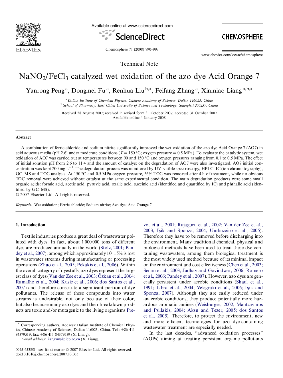 NaNO2/FeCl3 catalyzed wet oxidation of the azo dye Acid Orange 7