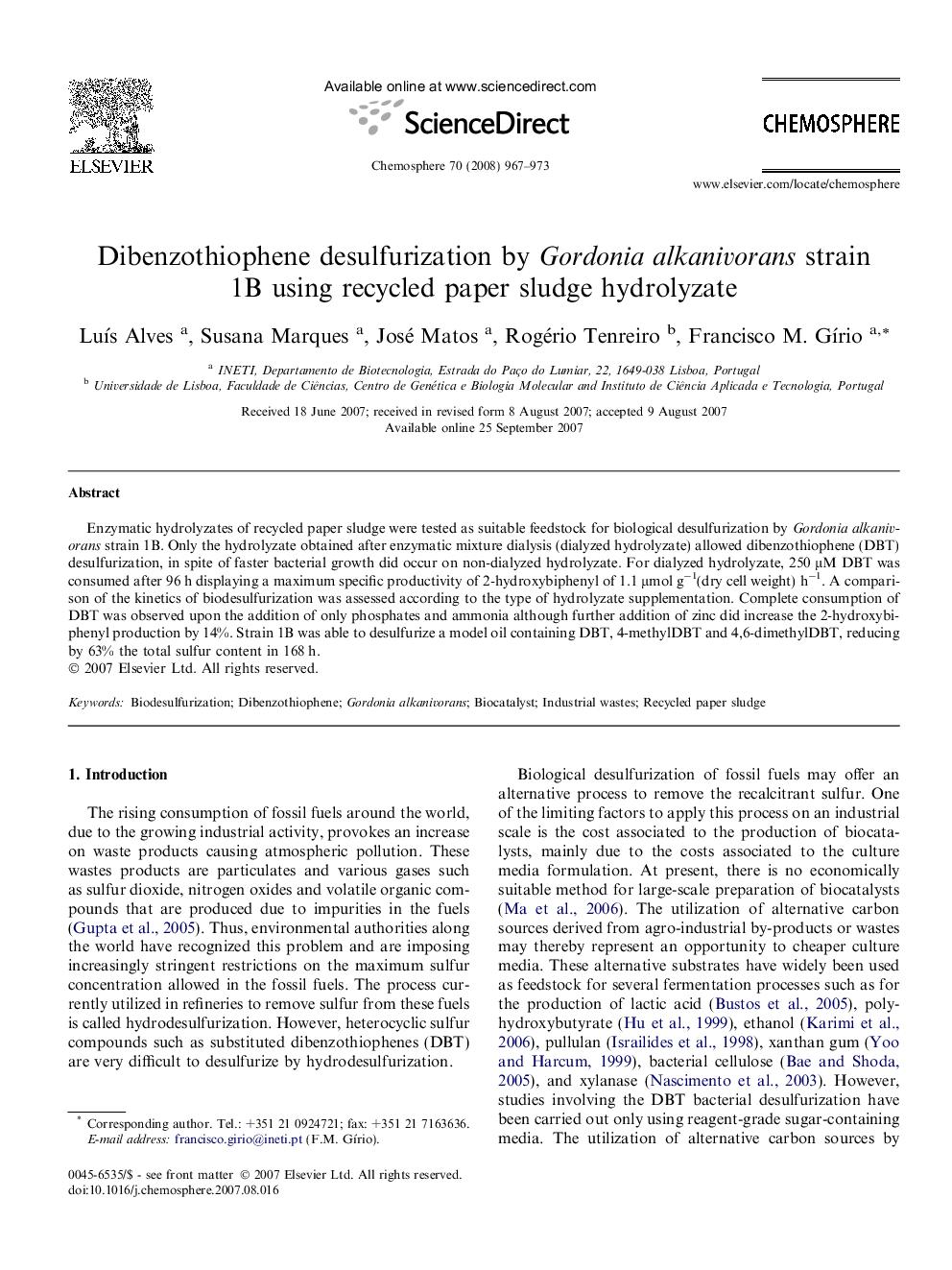 Dibenzothiophene desulfurization by Gordonia alkanivorans strain 1B using recycled paper sludge hydrolyzate