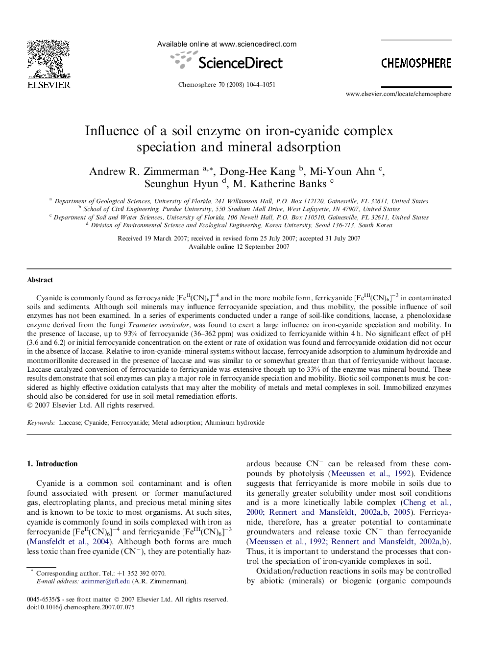 Influence of a soil enzyme on iron-cyanide complex speciation and mineral adsorption