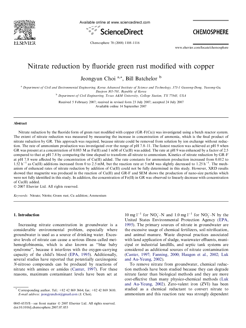 Nitrate reduction by fluoride green rust modified with copper