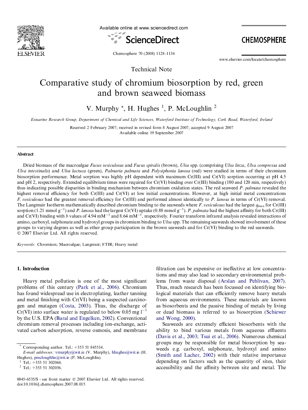 Comparative study of chromium biosorption by red, green and brown seaweed biomass