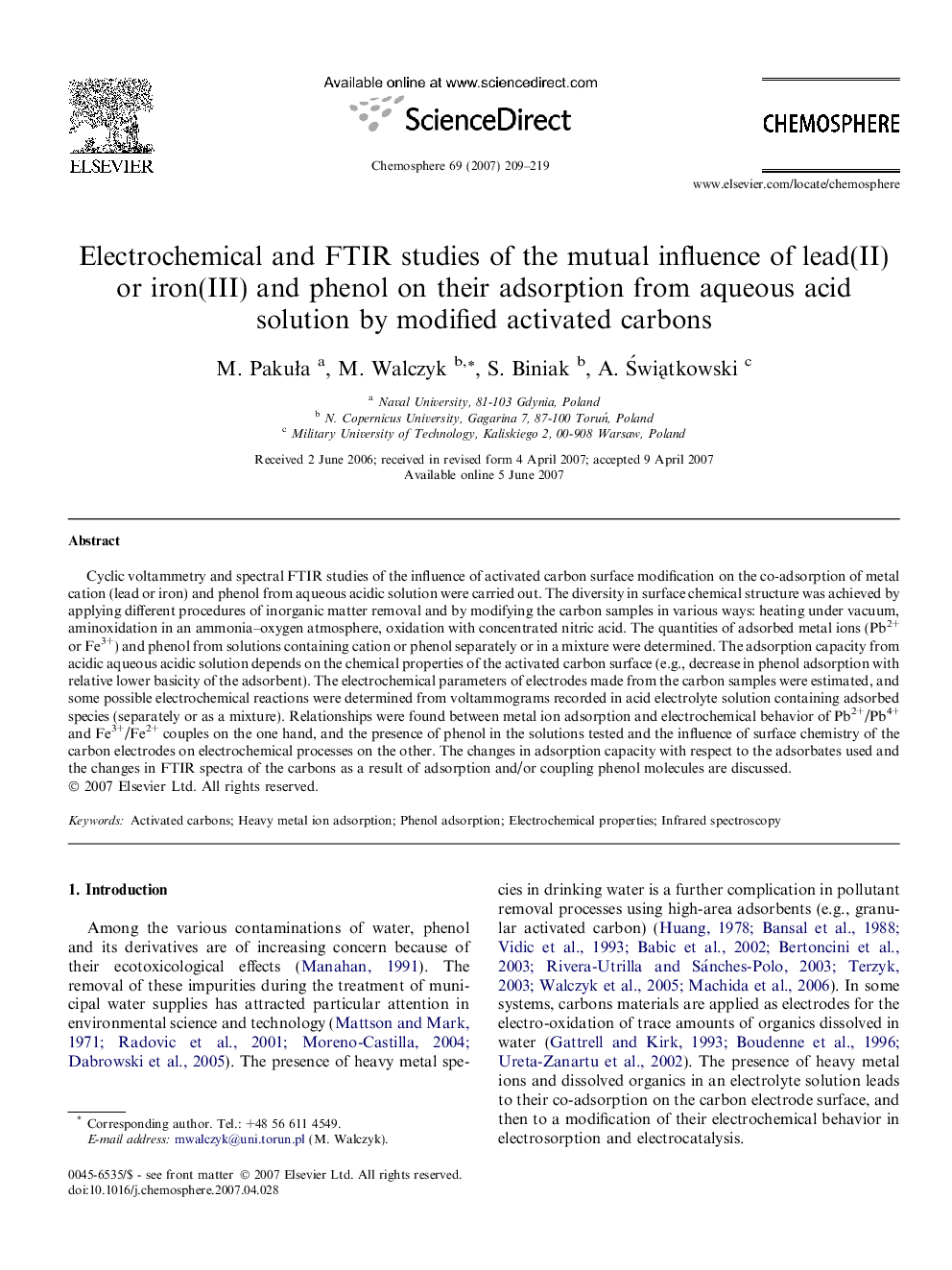 Electrochemical and FTIR studies of the mutual influence of lead(II) or iron(III) and phenol on their adsorption from aqueous acid solution by modified activated carbons