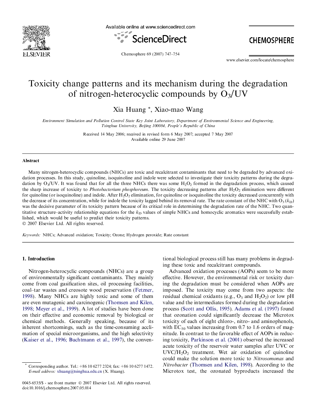 Toxicity change patterns and its mechanism during the degradation of nitrogen-heterocyclic compounds by O3/UV