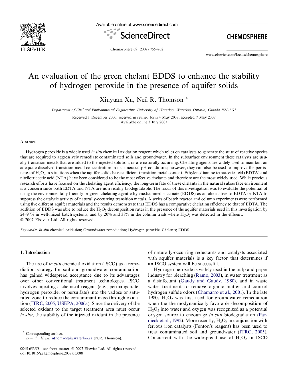 An evaluation of the green chelant EDDS to enhance the stability of hydrogen peroxide in the presence of aquifer solids