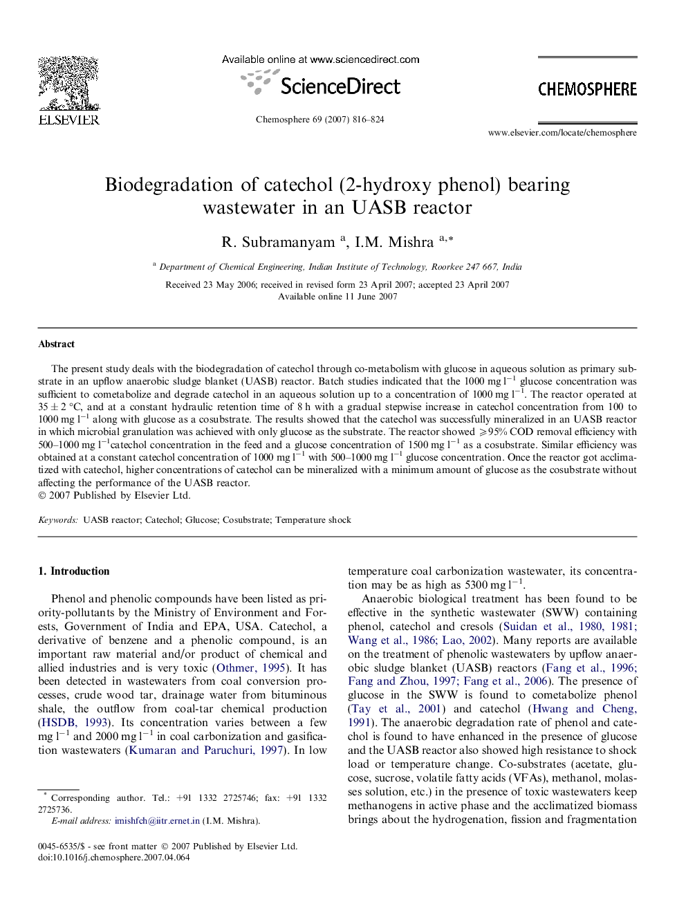 Biodegradation of catechol (2-hydroxy phenol) bearing wastewater in an UASB reactor