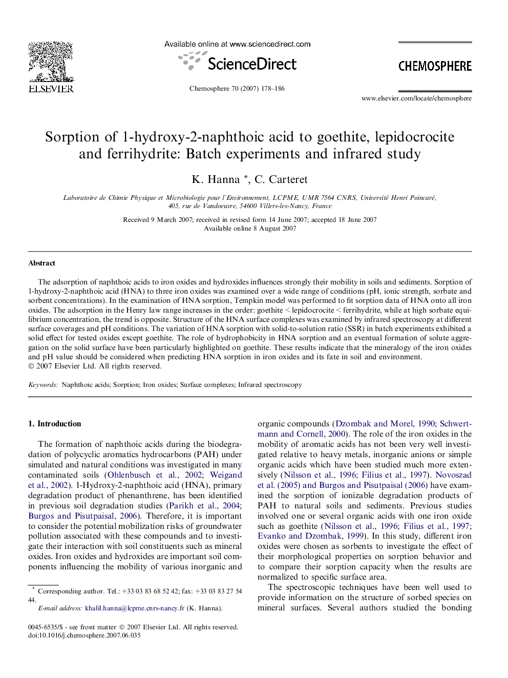 Sorption of 1-hydroxy-2-naphthoic acid to goethite, lepidocrocite and ferrihydrite: Batch experiments and infrared study