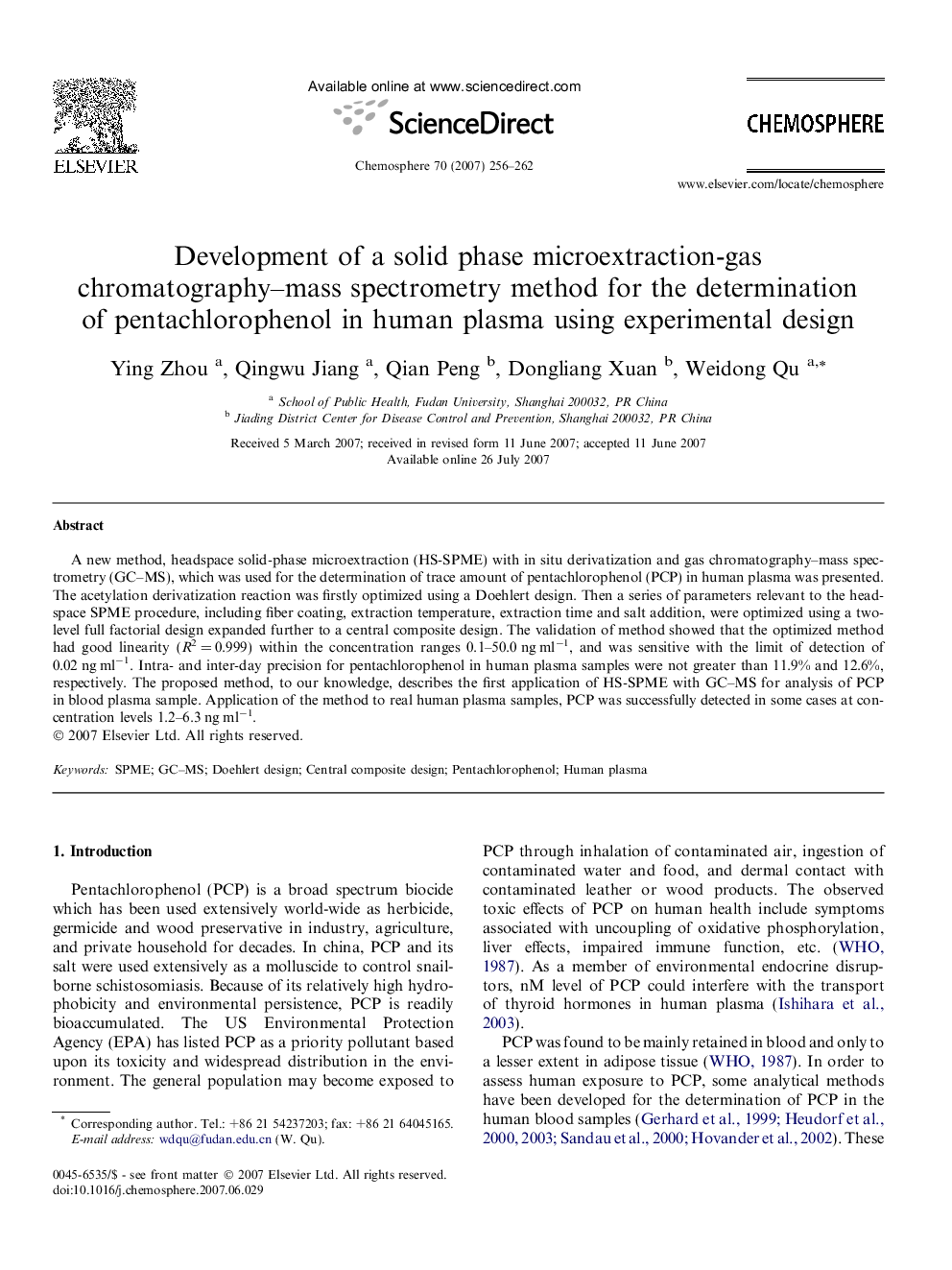 Development of a solid phase microextraction-gas chromatography–mass spectrometry method for the determination of pentachlorophenol in human plasma using experimental design