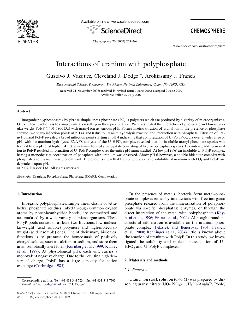 Interactions of uranium with polyphosphate