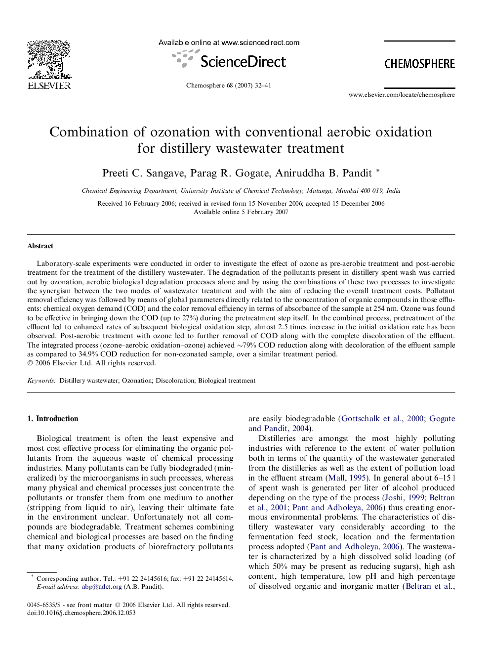 Combination of ozonation with conventional aerobic oxidation for distillery wastewater treatment