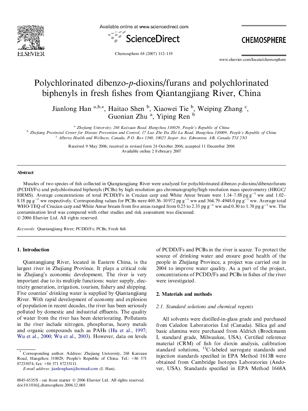 Polychlorinated dibenzo-p-dioxins/furans and polychlorinated biphenyls in fresh fishes from Qiantangjiang River, China