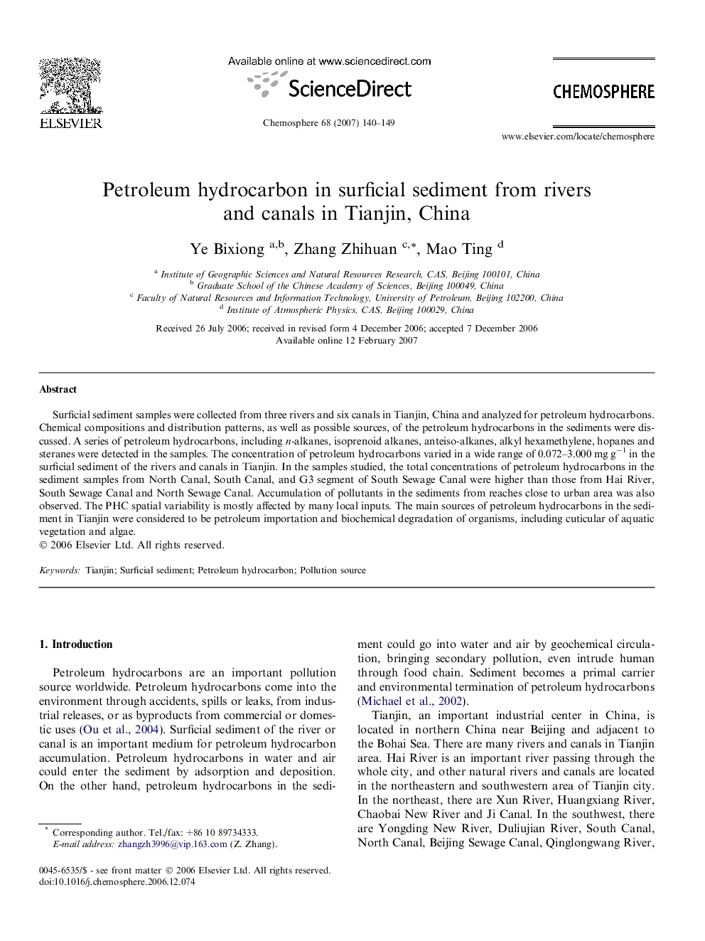 Petroleum hydrocarbon in surficial sediment from rivers and canals in Tianjin, China