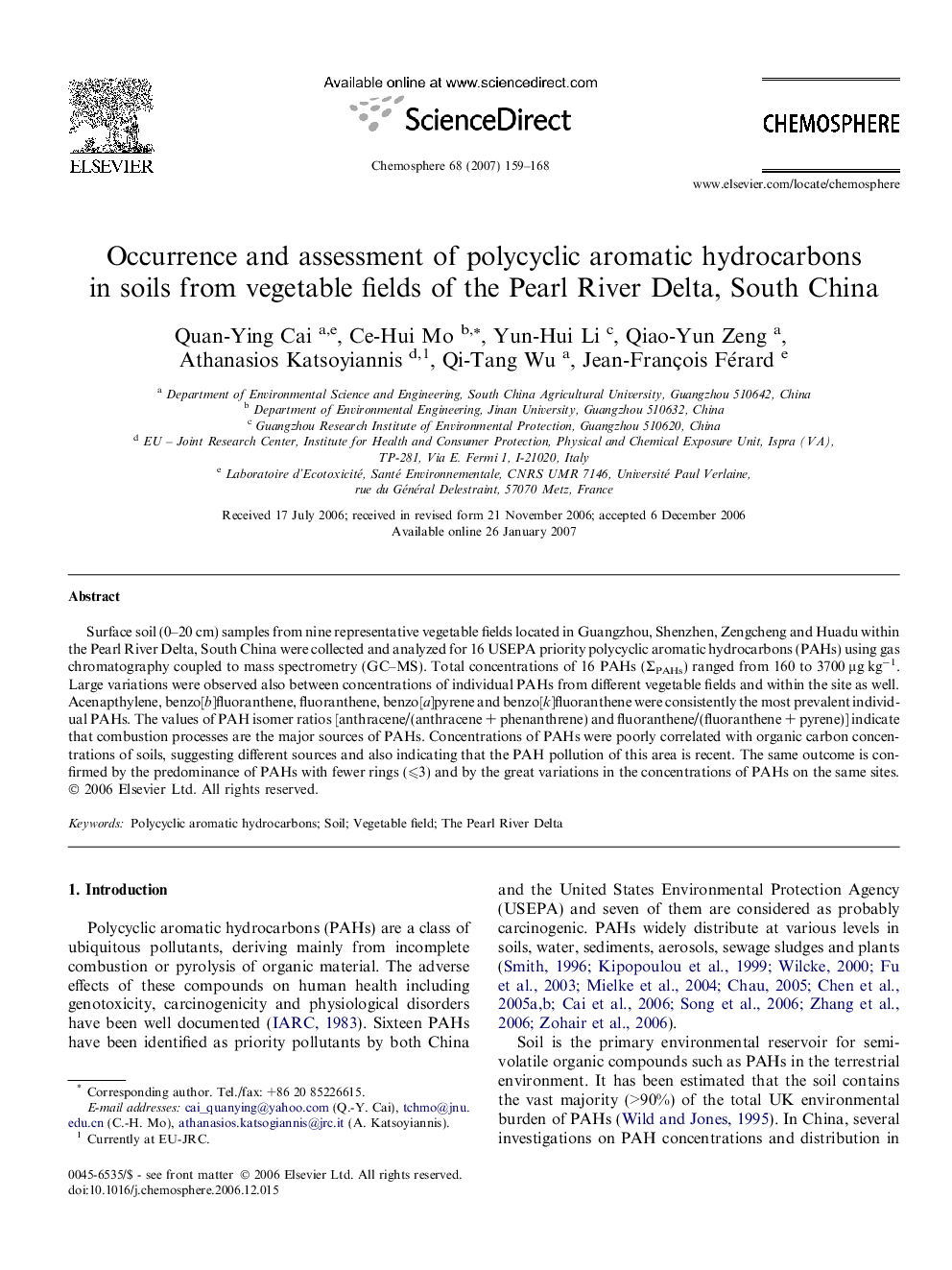 عکس صفحه اول مقاله: Occurrence and assessment of polycyclic aromatic hydrocarbons in soils from vegetable fields of the Pearl River Delta, South China Occurrence and assessment of polycyclic aromatic hydrocarbons in soils from vegetable fields of the Pearl River Delta, South China