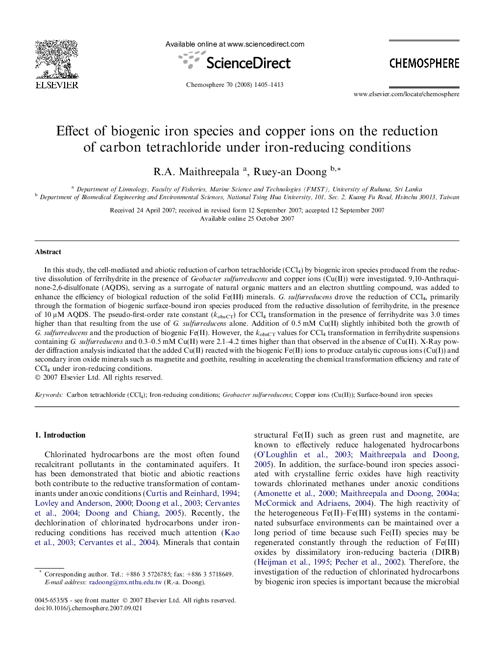 Effect of biogenic iron species and copper ions on the reduction of carbon tetrachloride under iron-reducing conditions