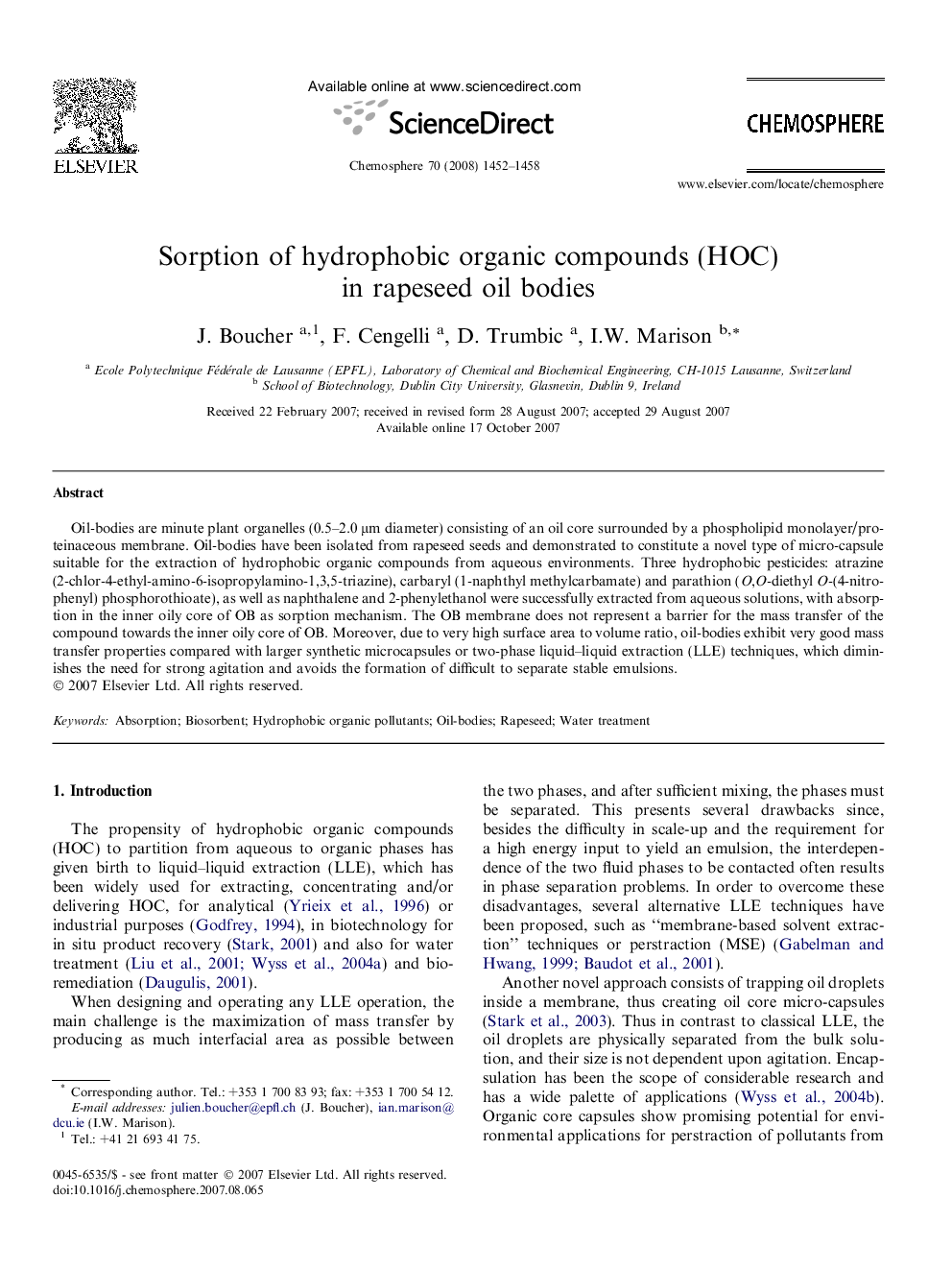 Sorption of hydrophobic organic compounds (HOC) in rapeseed oil bodies