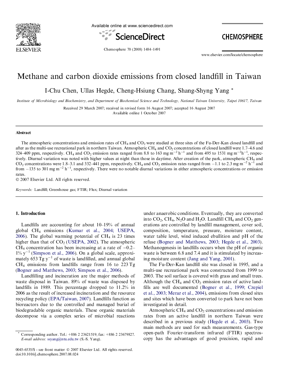 Methane and carbon dioxide emissions from closed landfill in Taiwan