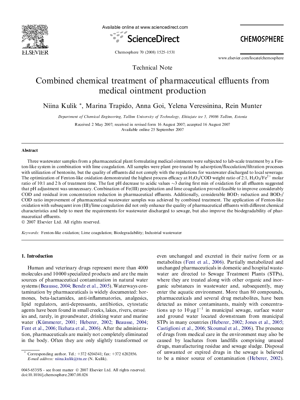 Combined chemical treatment of pharmaceutical effluents from medical ointment production