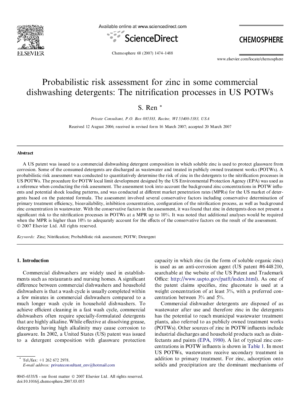 Probabilistic risk assessment for zinc in some commercial dishwashing detergents: The nitrification processes in US POTWs