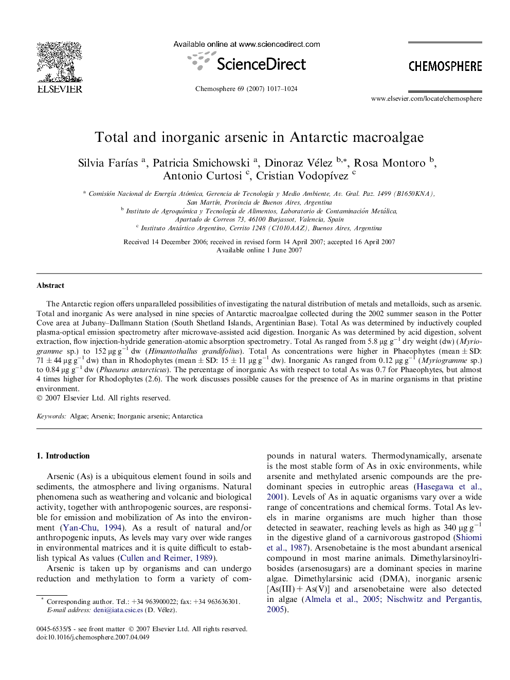 Total and inorganic arsenic in Antarctic macroalgae