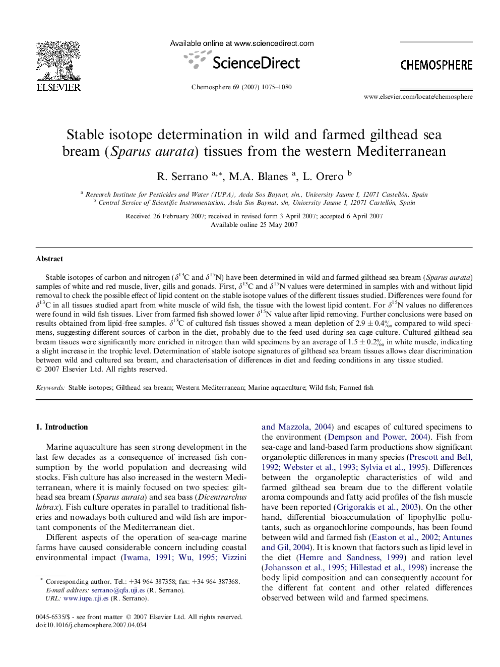 Stable isotope determination in wild and farmed gilthead sea bream (Sparus aurata) tissues from the western Mediterranean