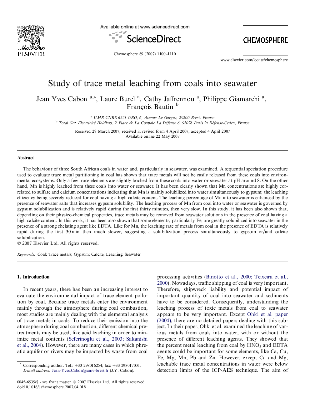 Study of trace metal leaching from coals into seawater