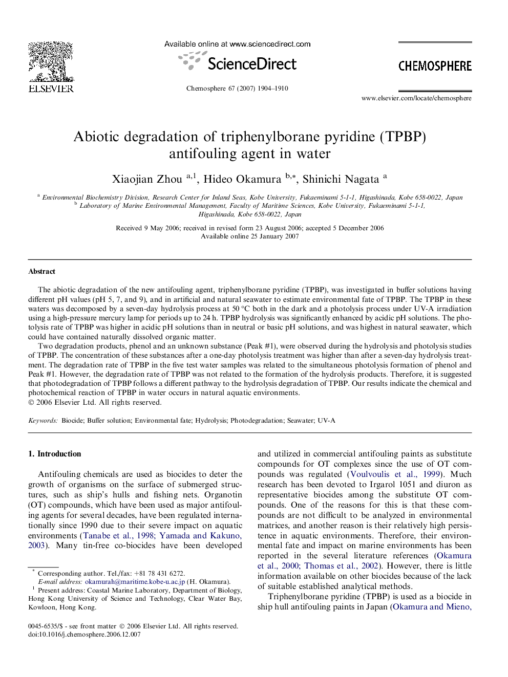 Abiotic degradation of triphenylborane pyridine (TPBP) antifouling agent in water