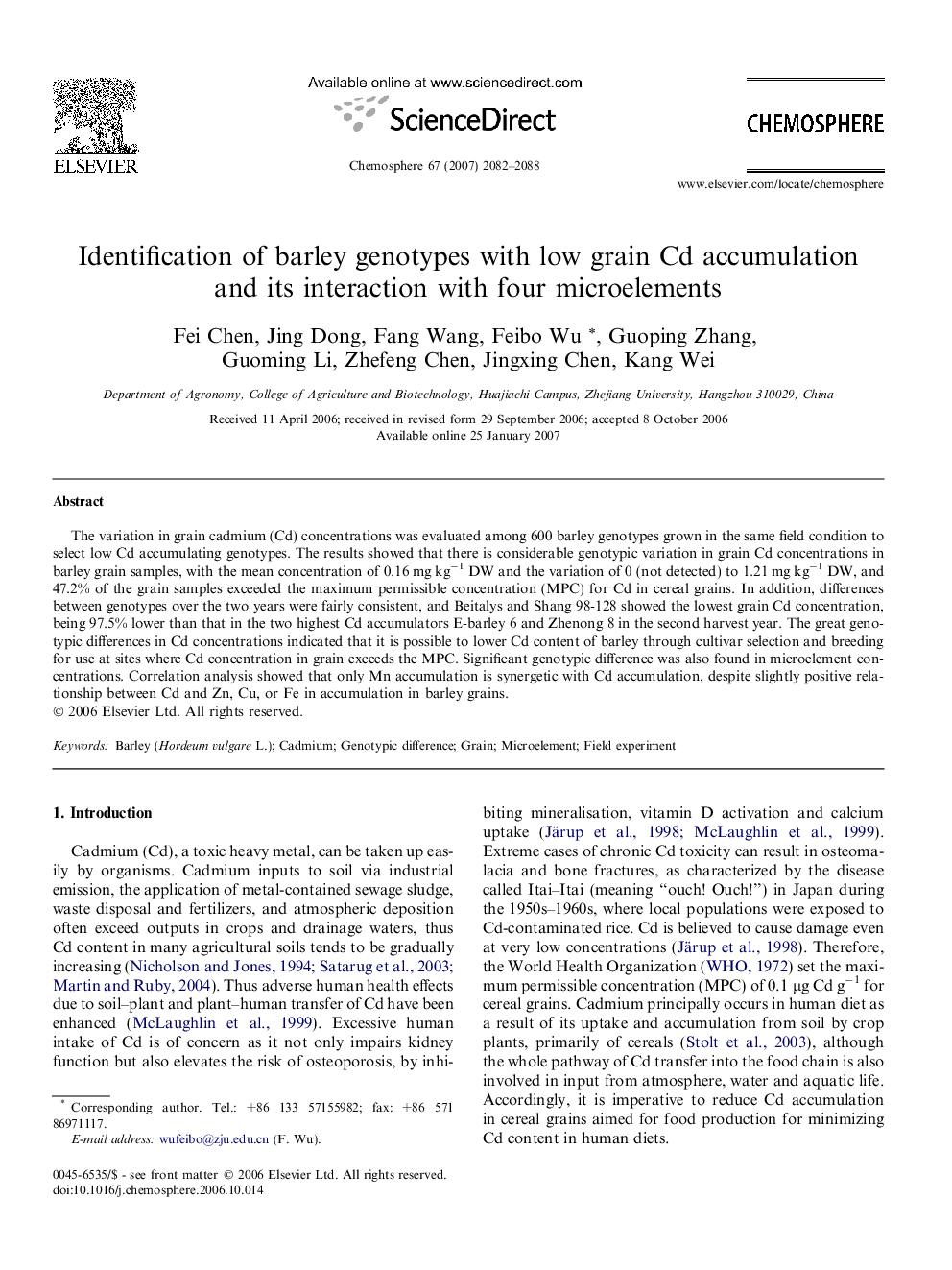 Identification of barley genotypes with low grain Cd accumulation and its interaction with four microelements