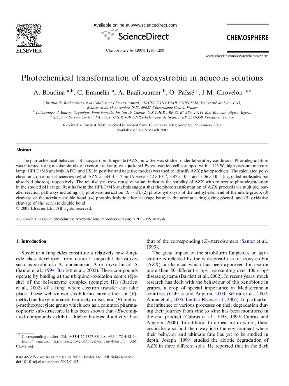 Photochemical transformation of azoxystrobin in aqueous solutions