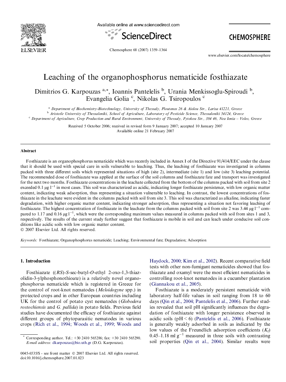 Leaching of the organophosphorus nematicide fosthiazate