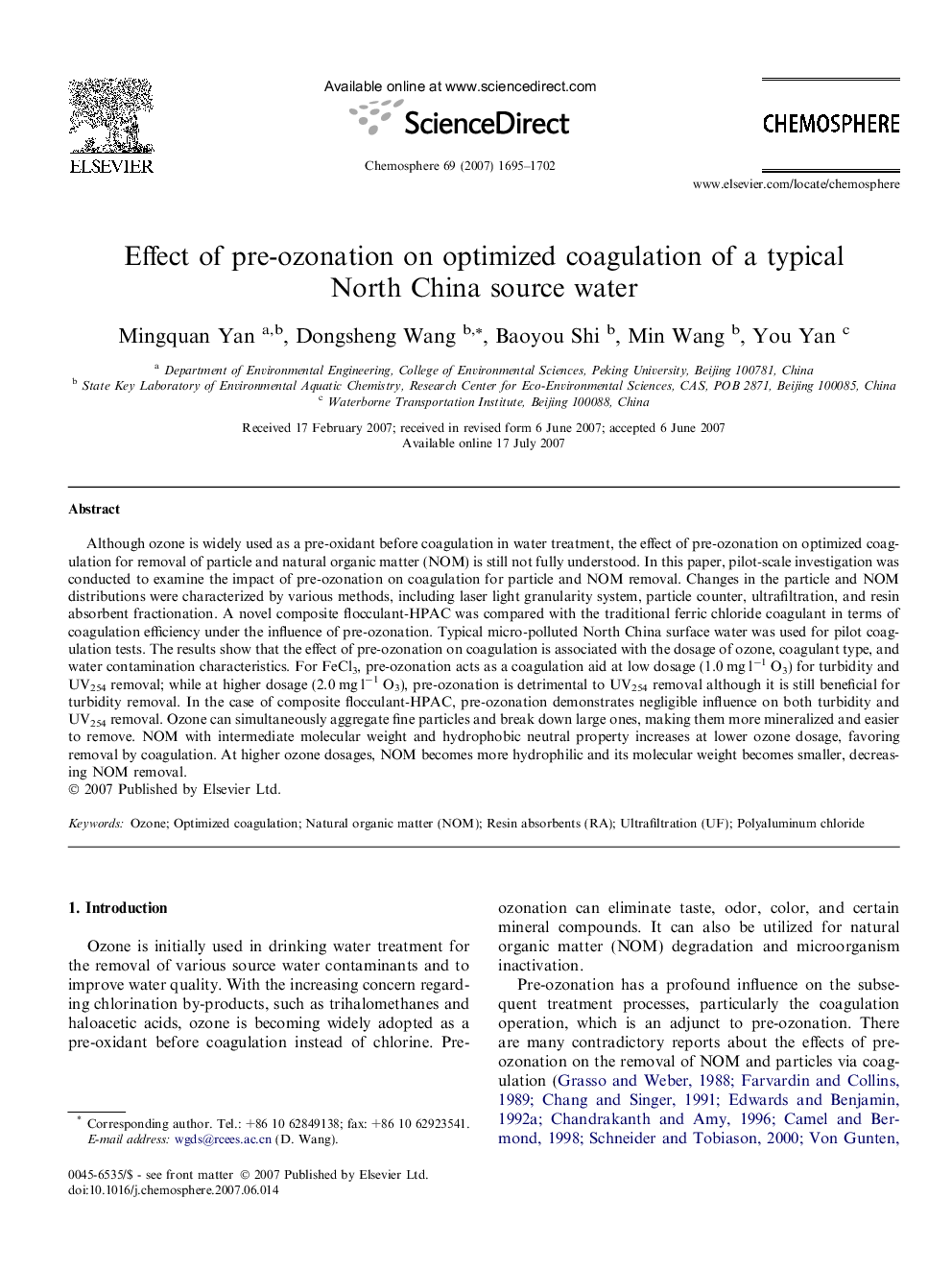 Effect of Pre-ozonation on Optimized Coagulation of a Typical North-China Source Water